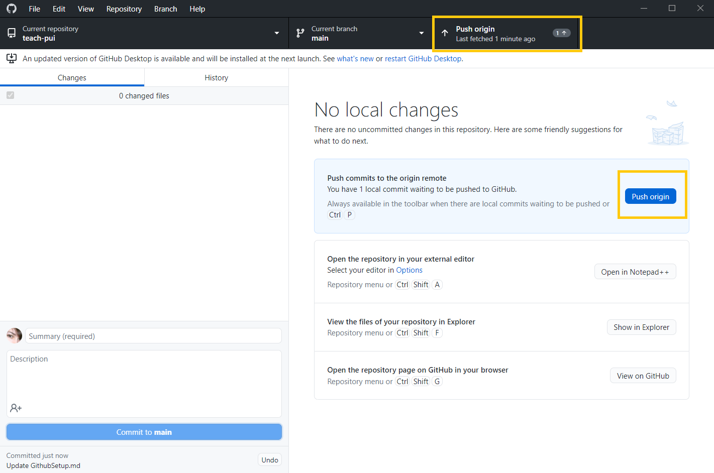 Screenshot of GitHub Desktop showing the Push origin button at the top.
