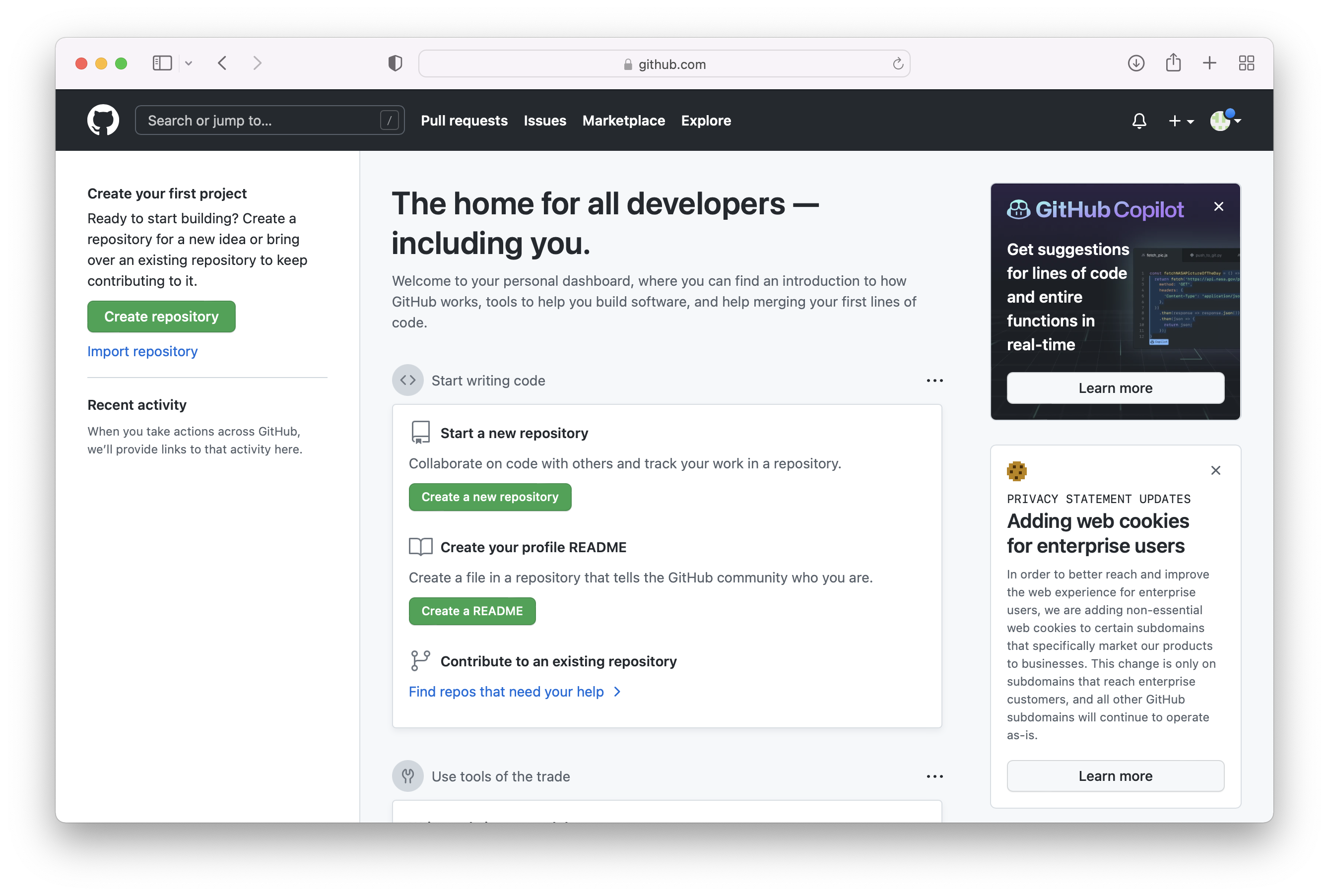 Screenshot of GitHub homepage.